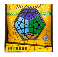 Yellow Novalynx Twist Solve packaging displays a colorful hexagonal twist puzzle with blue, yellow, lime, and pink sections; QR code.