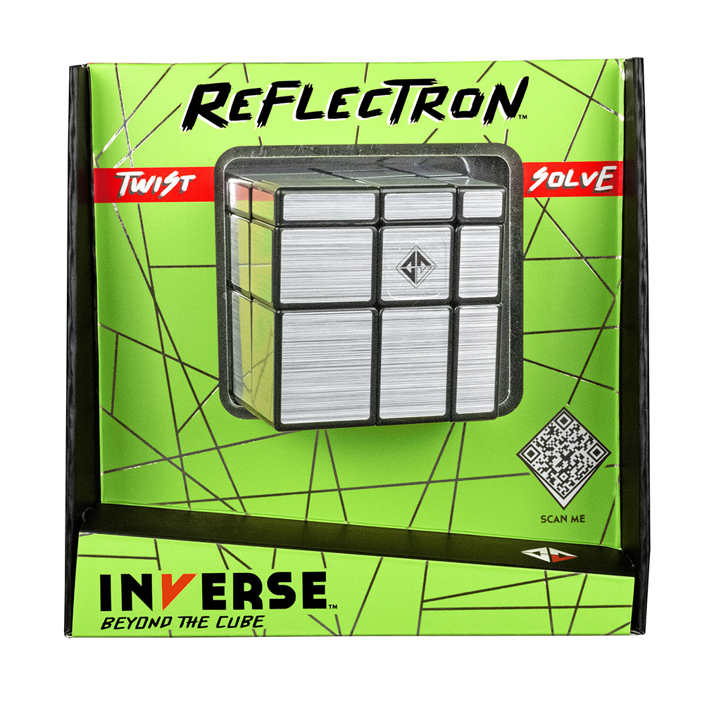 Packaged Reflectron Inverse twist puzzle cube in bright green and black box, featuring silver grid panels, bold branding, and QR code.