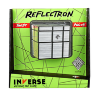 Packaged Reflectron Inverse twist puzzle cube in bright green and black box, featuring silver grid panels, bold branding, and QR code.