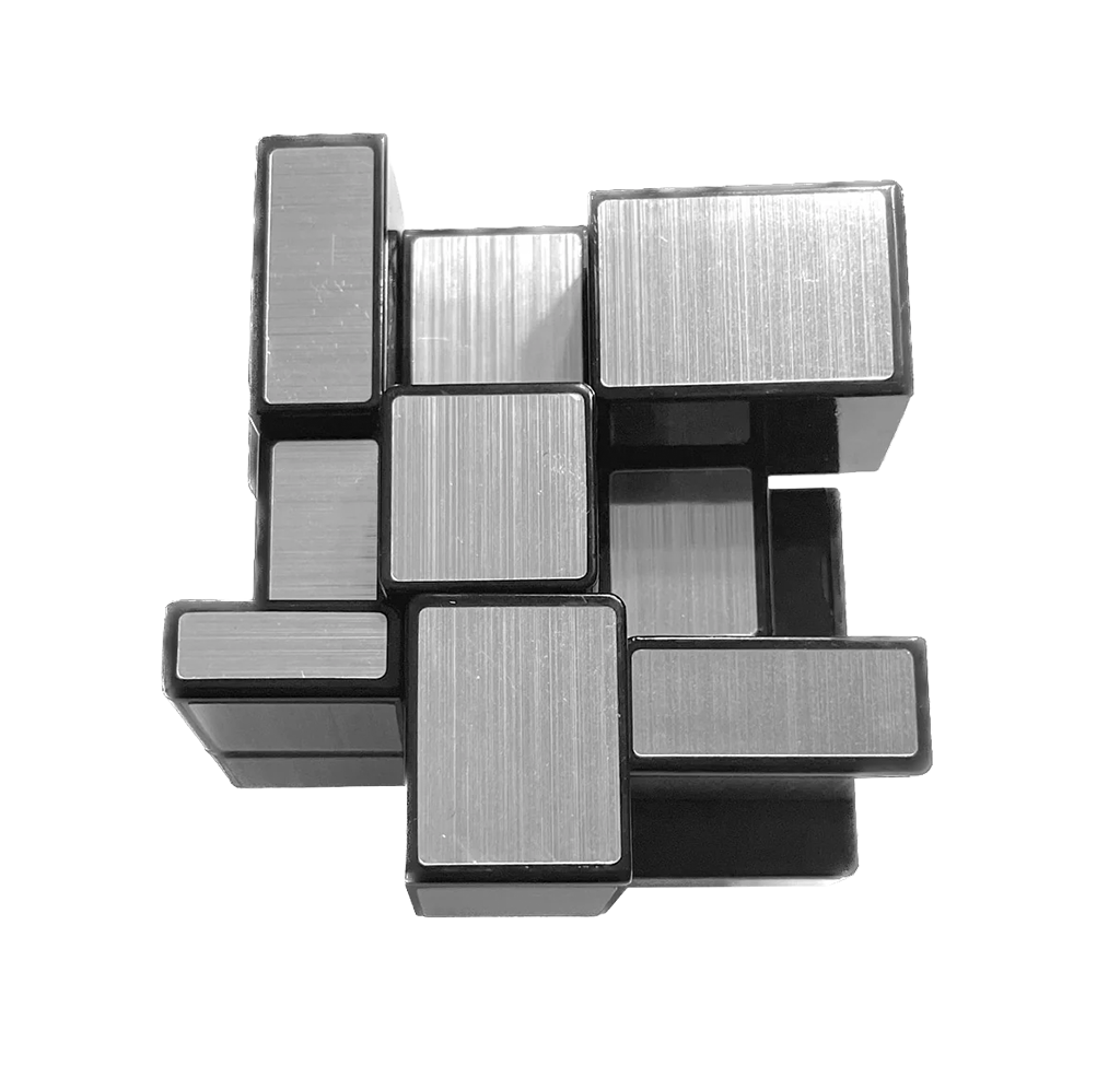 Abstract arrangement of interlocking silver metal blocks with brushed surfaces, forming a geometric 3D sculpture against a white background.