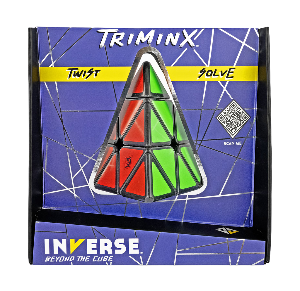 Boxed TriMind Inverse twist-and-solve puzzle: triangular black-framed piece with red and green sections on a blue, geometric package.