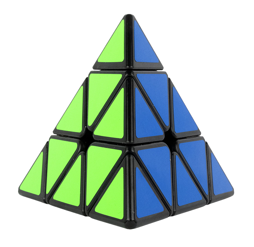 Black triangular pyramid puzzle with bright green and blue panels, arranged in a solved-looking geometric pattern on a white background.