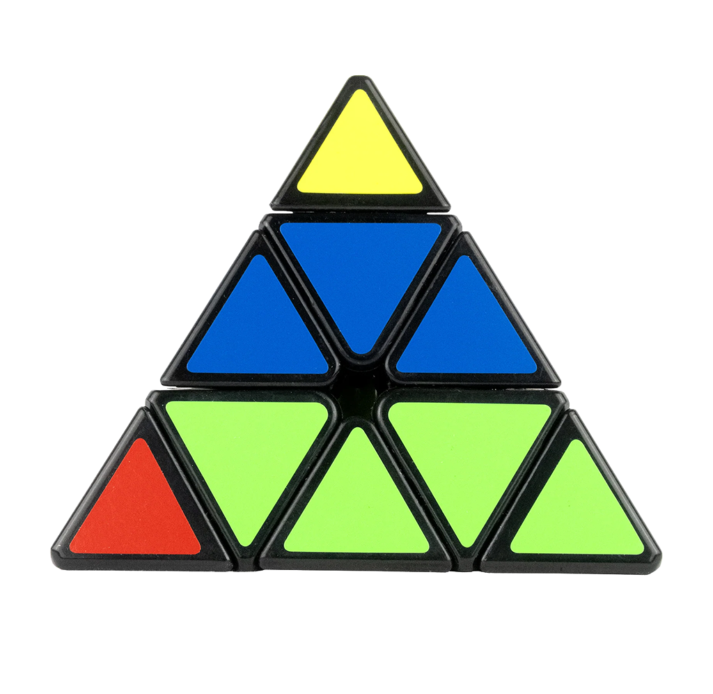 A pyramid-shaped triangular puzzle made of black-framed triangle pieces in yellow, blue, light green, and red, arranged symmetrically on a plain white background.