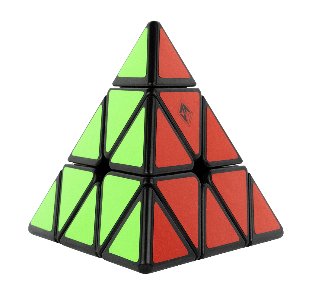 Colorful triangular Pyraminx puzzle with green and red panels, black edges, and a pyramid shape, displayed against a clean white background.