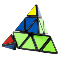 Triangular twist puzzle arranged as a pyramid, with bright yellow, blue, green, and red panels in a playful geometric design.