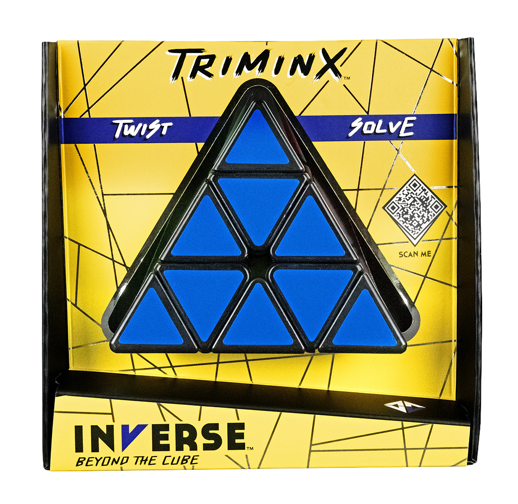 Triangular blue-and-black Triminx puzzle on yellow “Inverse: Beyond the Cube” packaging, labeled “Twist Solve,” with QR code.