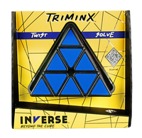 Triangular blue-and-black Triminx puzzle on yellow “Inverse: Beyond the Cube” packaging, labeled “Twist Solve,” with QR code.