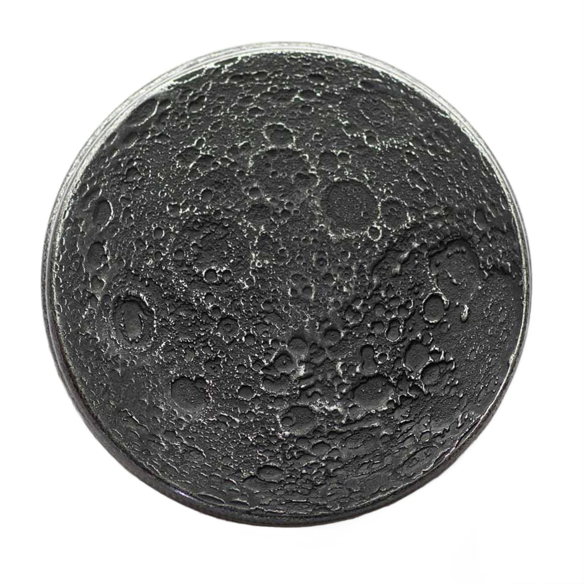 A round black iron coin with a highly detailed, textured lunar surface design featuring craters and shadows, isolated on a white background.
