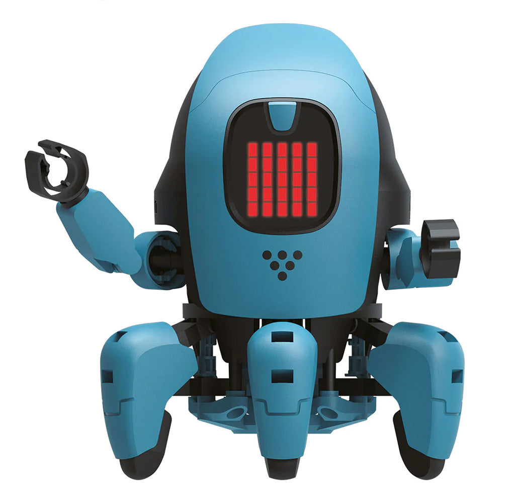 A blue and black robot with three legs in the front and two arms. It's face has five columns of red lines on the screen. 