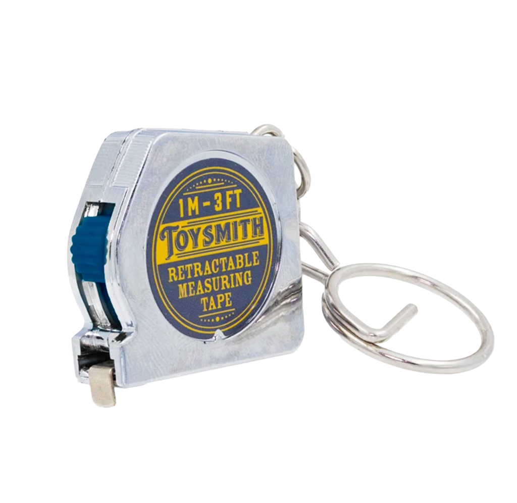 Silver Toysmith 1-meter retractable measuring tape with blue slider and metal key ring, shown on a white background; compact and practical.