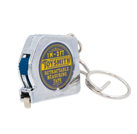Silver Toysmith 1-meter retractable measuring tape with blue slider and metal key ring, shown on a white background; compact and practical.