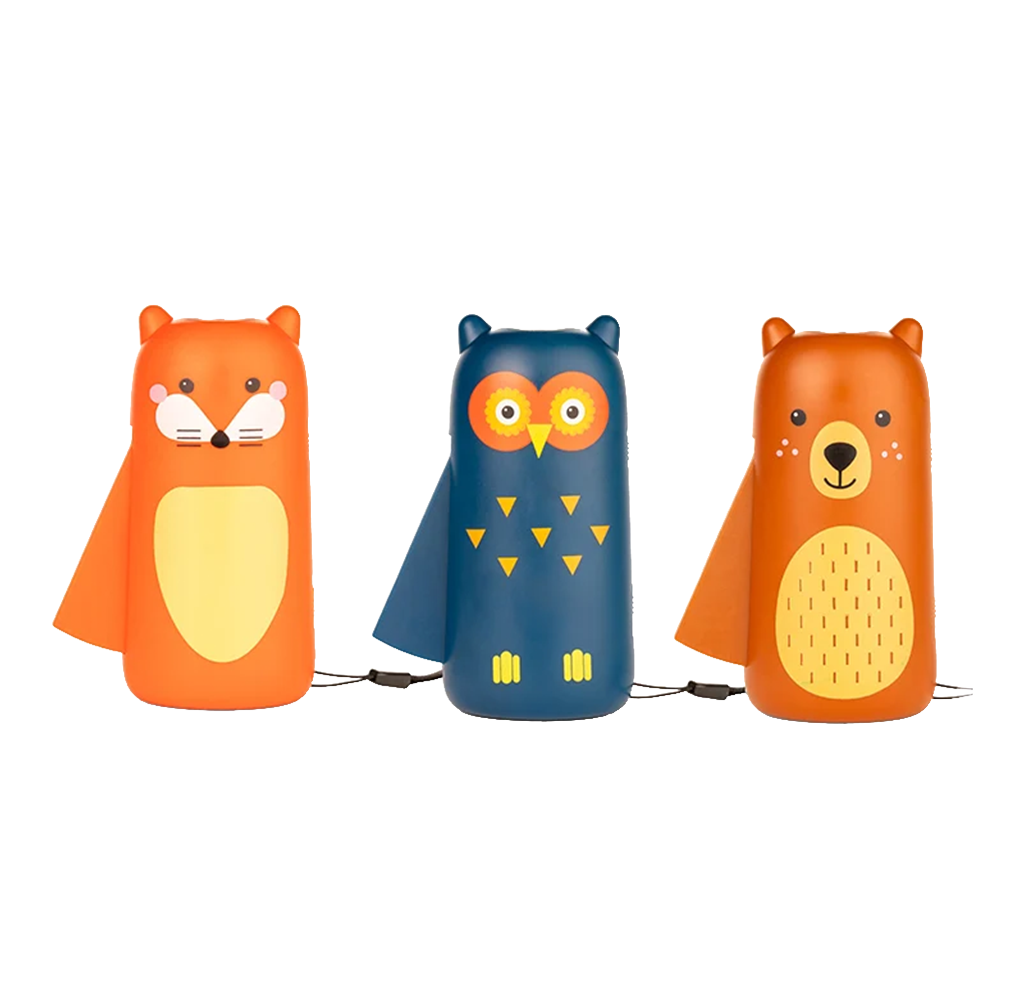 Three colorful animal squeeze flashlights for kids featuring fox, owl, and bear designs on a white background.