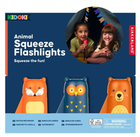 Kidoki Animal Squeeze Flashlights packaging featuring fox, owl, and bear animal-shaped LED flashlights, with children using the colorful squeeze lights inside a play tent.