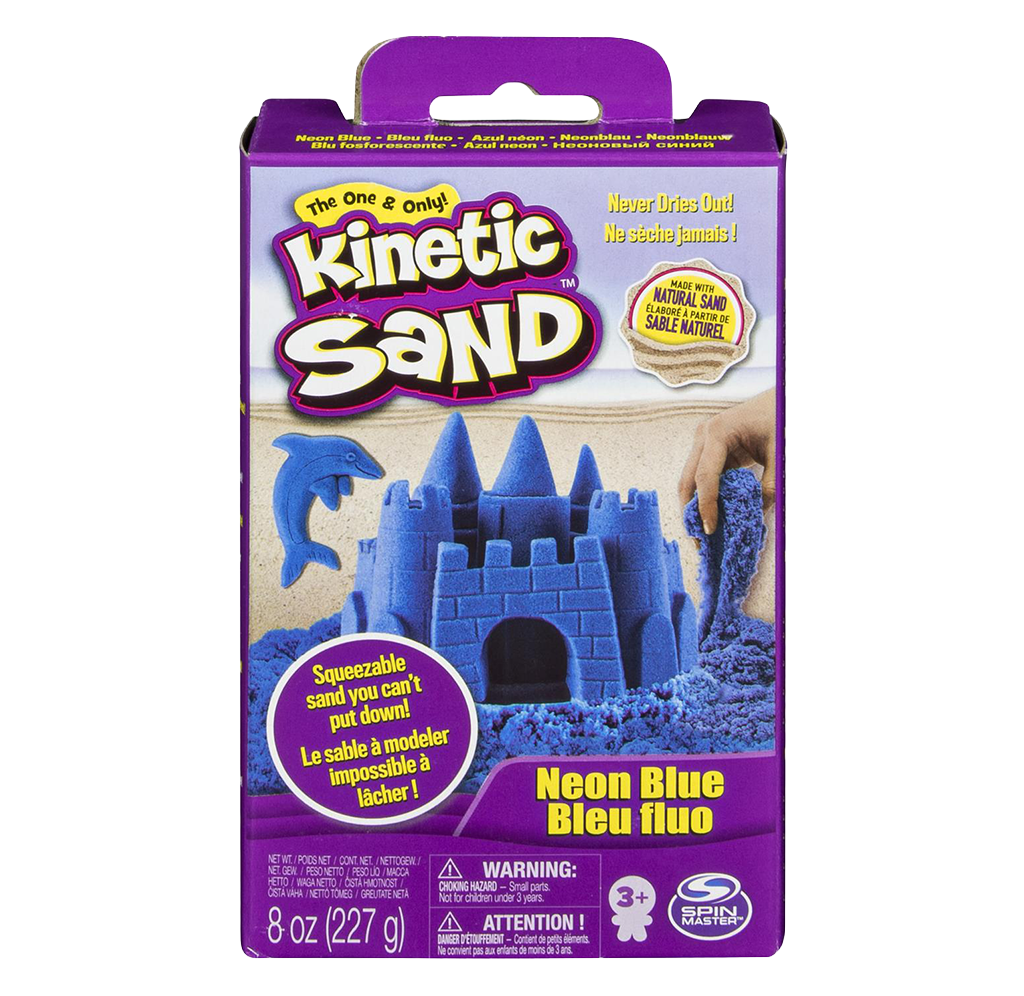 Purple Kinetic Sand box with neon blue sand molded into a castle, dolphin, and sea shapes; colorful packaging highlights reusable, never-drying play.