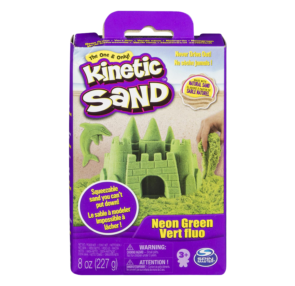 Purple Kinetic Sand box with neon green sand molded into a castle, dolphin, and sea shapes; colorful packaging highlights reusable, never-drying play.