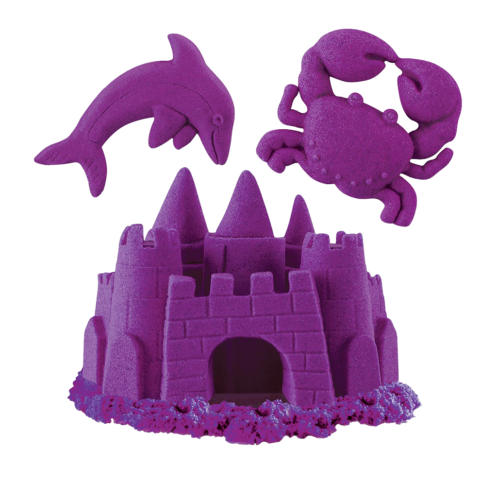 Purple sandcastle with a dark arched doorway sits below a leaping dolphin and raised-claw crab, creating a playful beach-themed scene on white.
