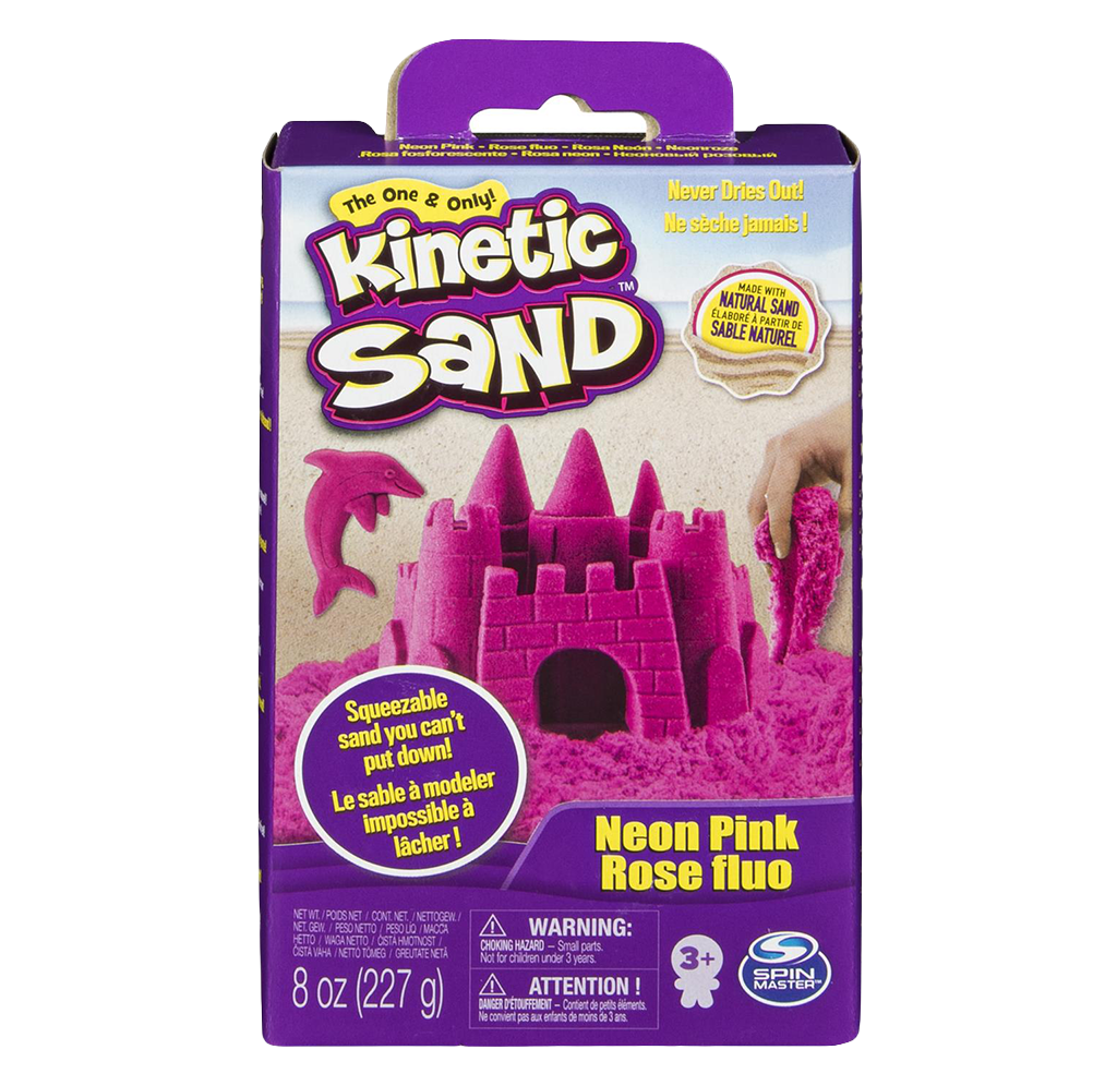 Purple Kinetic Sand box with neon pink sand molded into a castle, dolphin, and sea shapes; colorful packaging highlights reusable, never-drying play.
