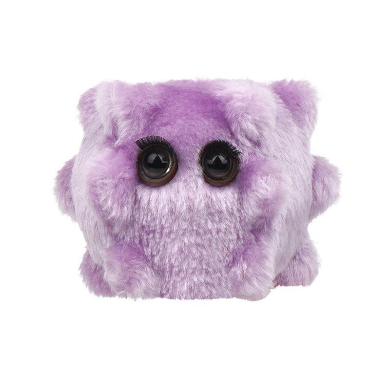 A purple stuffed toy with large round eyes and eyelashes. 