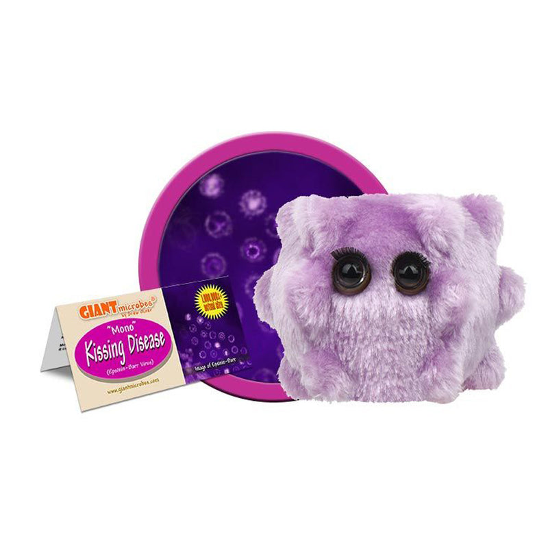 Image of the stuffed toy in front of an enlarged view of the microscopic virus and the product tag. 