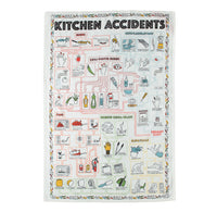 Tea towel with illustrations of kitchen accidents and their consequences on a white background