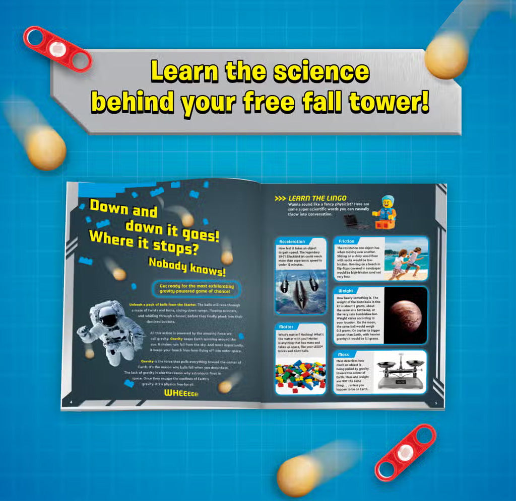 Educational book on a blue background with space-themed graphics and text about free fall.