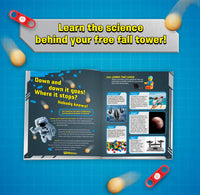 Educational book on a blue background with space-themed graphics and text about free fall.