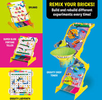 Toy set with various configurations on a colorful background, featuring text promoting remixing and building experiments.