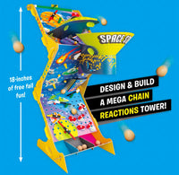 Tall marble track toy on a blue background, featuring text about design and build activities.