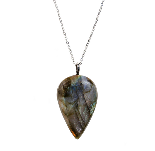 An upside down teardrop shaped stone is attached to a silver necklace chain. The stone has various colors of grey, blue, aqua, yellow, and red. 