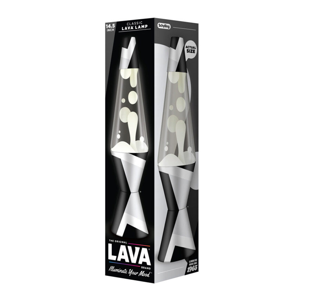 Lava lamp packaging with clear and black design on a white background