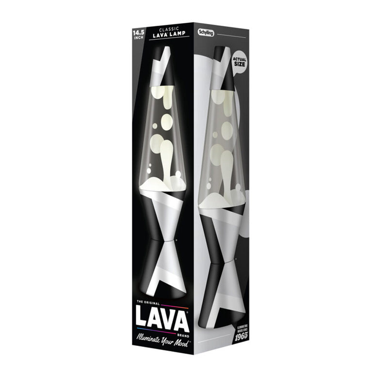 Lava lamp packaging with clear and black design on a white background