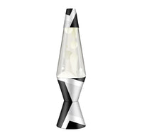 A lava lamp with white liquid and white and black geometric pattern at the base. 