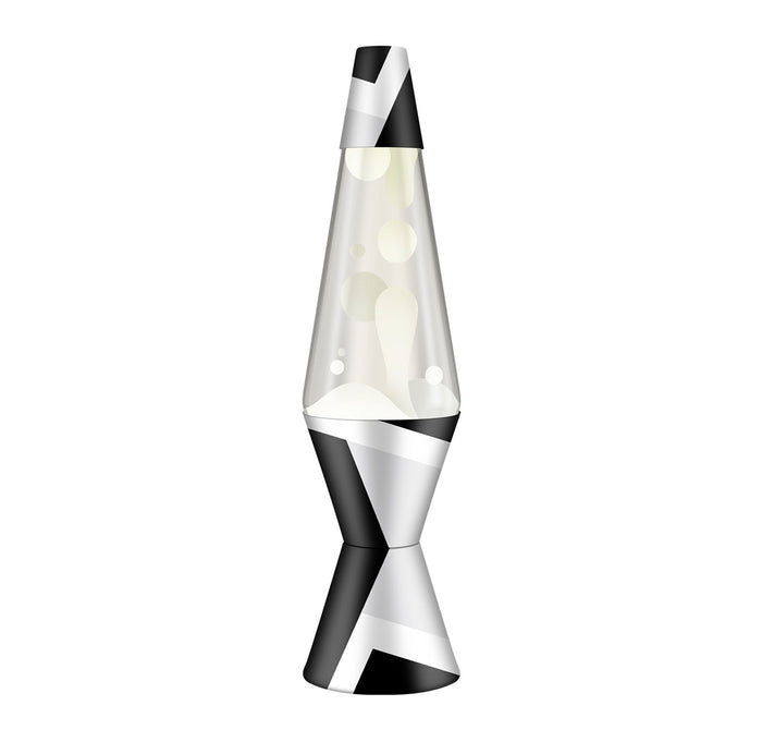 A lava lamp with white liquid and white and black geometric pattern at the base. 