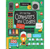 Colorful children’s book cover for “Lift-the-Flap Computers and Coding,” with playful robots, computer parts, and coding-themed flaps on a bright green circuit-board background.
