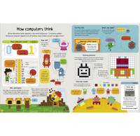 Colorful children’s infographic, “How computers think,” explains binary, bits and bytes, algorithms, sorting, and pixel art with friendly robot characters.