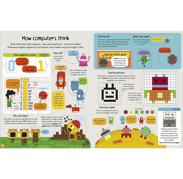 Colorful children’s infographic, “How computers think,” explains binary, bits and bytes, algorithms, sorting, and pixel art with friendly robot characters.