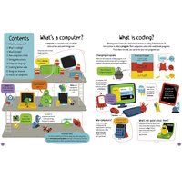Educational infographic explaining computers and coding, with a contents list, playful cartoon devices, and sections on programming, computer types, internet links, and online safety. The tone is friendly and informative.