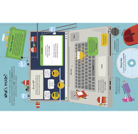 Playful infographic titled “What’s inside?” labels laptop parts, including the screen, keyboard and inner components, with a mouse, CD and USB drive nearby.