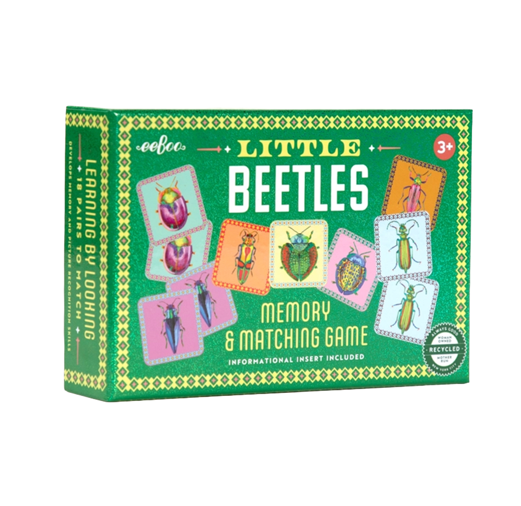 A boxed children's memory and matching game called 'Little Beetles' by oobee. The green box features colorful beetle-themed cards and decorative borders, with the title 'Little Beetles' prominently displayed on the front.