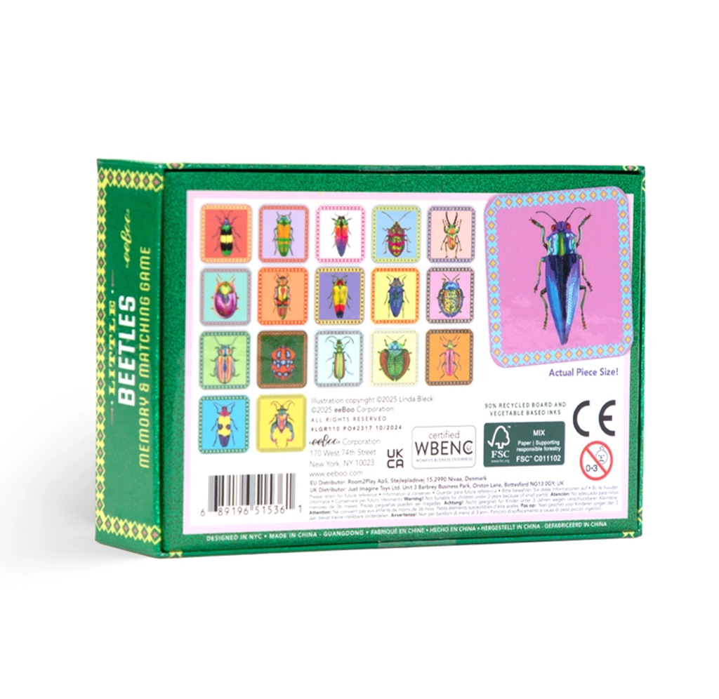 The back of the green box for the Beetles: Memory and Matching Game, showing various colorful beetle illustrations, a large pink beetle illustration, and regulatory text.