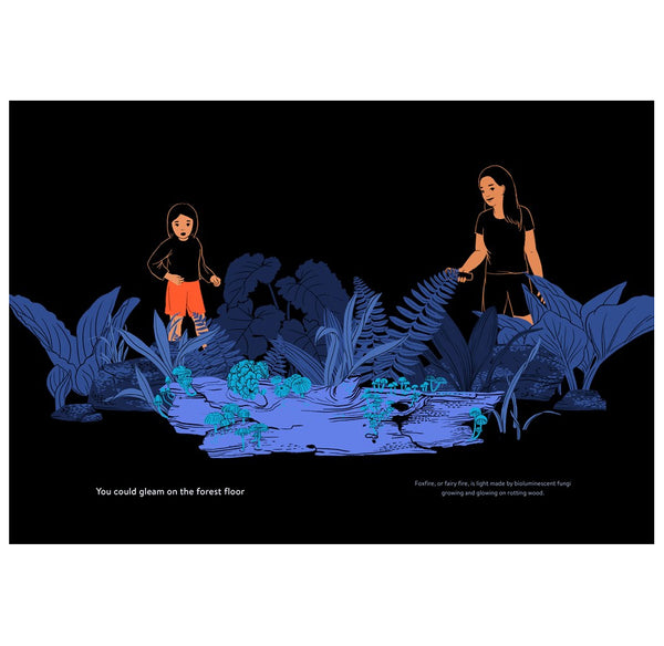 A minimalist, matte-black double-page spread illustration from the children's book "Luminous." Intricate, radiant lines trace the patterns and forms of glowing bioluminescent organisms against the deep black background. A young child and an adult with dark hair and pale skin are shown observing the glowing species in a dreamy, space-like natural habitat.