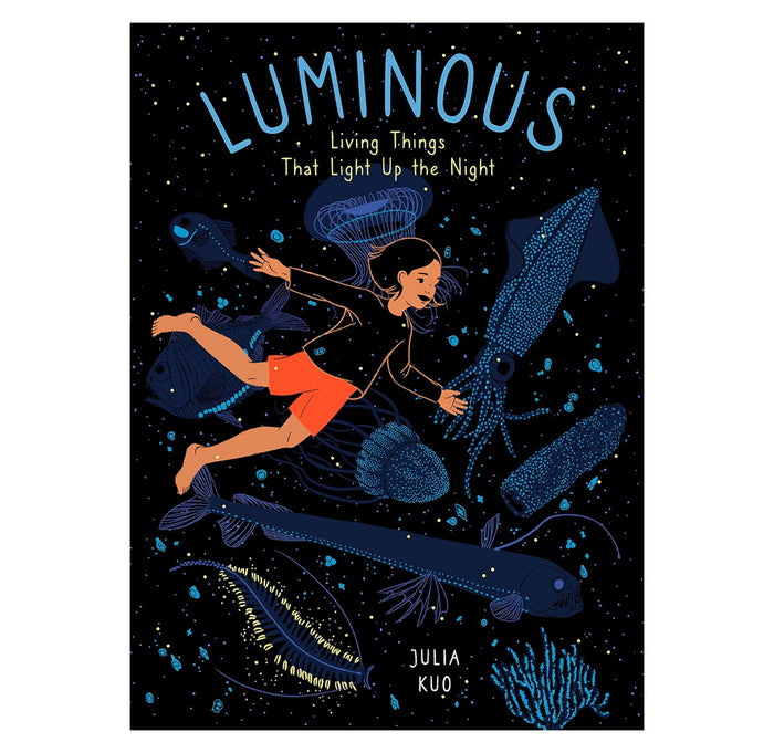 A minimalist, matte-black illustration from the children's book  cover for "Luminous." Intricate, radiant lines trace the patterns and forms of glowing bioluminescent organisms against the deep black background. A young child with dark hair and pale skin are shown observing the glowing species in a dreamy, space-like natural habitat.