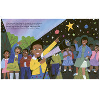 Illustration of a child with a telescope pointing at stars, surrounded by other children.