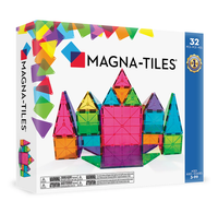 A white and blue box with a structure made out of colorful triangles, squares, equilateral triangles, and isosceles triangles.