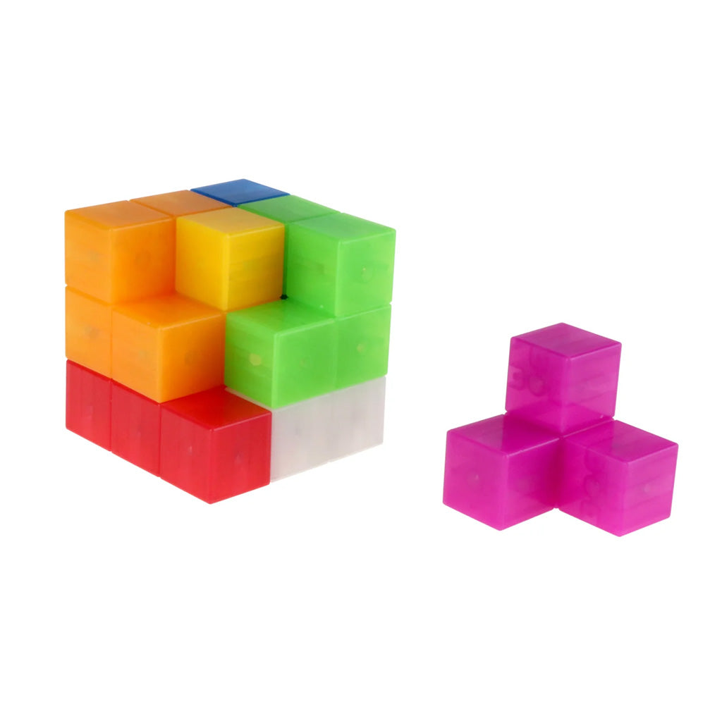 Colorful geometric building blocks on a white background