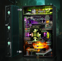 An open, futuristic marble run glows with neon tubes, gears, pipes, bottles, and an orange central chamber in a dark sci-fi setting.