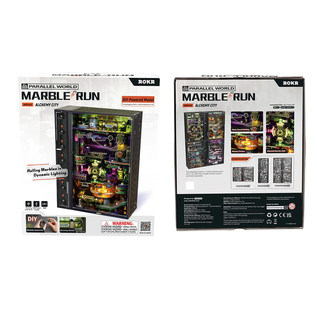 Front and back of a ROKR Marble Run 3D wooden puzzle kit box, showing a detailed, neon-lit pinball-style machine and assembly previews; colorful and playful.
