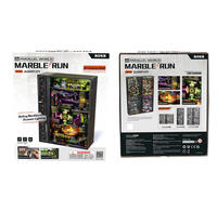 Front and back of a ROKR Marble Run 3D wooden puzzle kit box, showing a detailed, neon-lit pinball-style machine and assembly previews; colorful and playful.