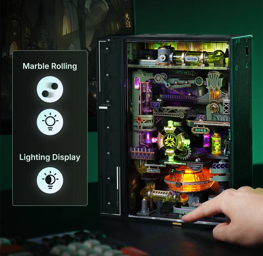 A hand activates a glowing marble-run display inside a dark cabinet, with colorful gears and ramps; a side panel highlights marble rolling and lighting modes.