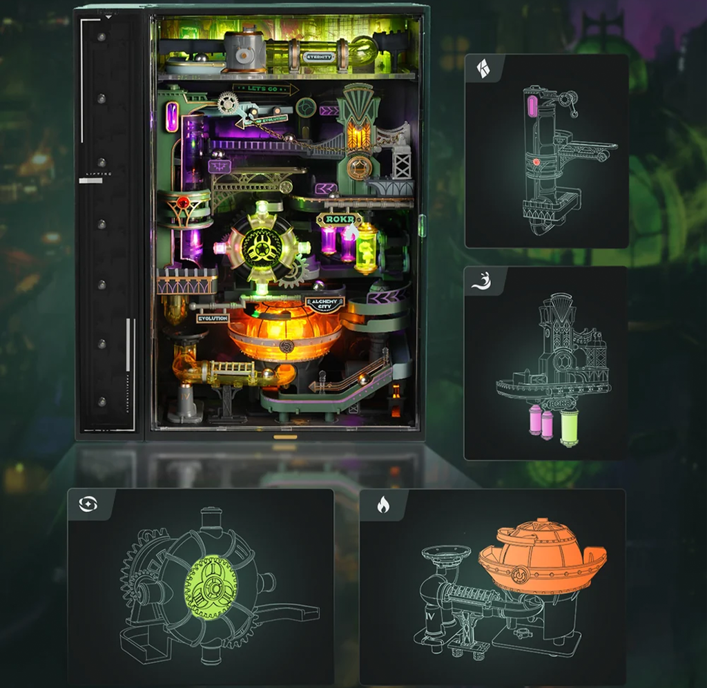 An open sci-fi themed marble run with neon green, purple, and orange components, alongside technical diagrams showing its parts and assembly against a dark background.